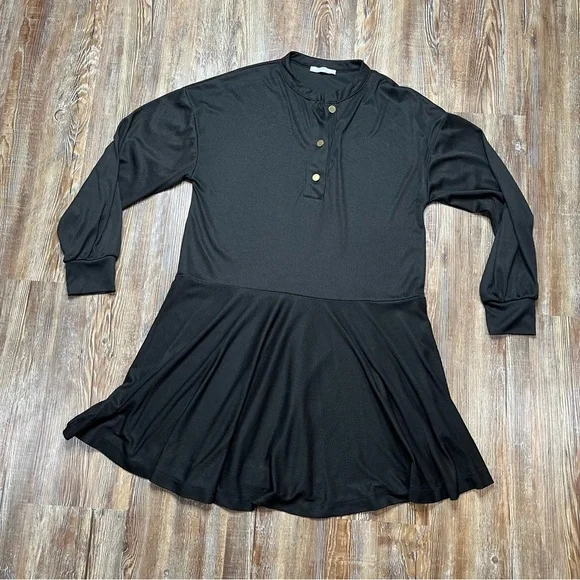 Zara | Dresses | Zara Basic Black Ribbed Swing Dress Long Sleeve Brushed Gold  Buttons | Poshmark